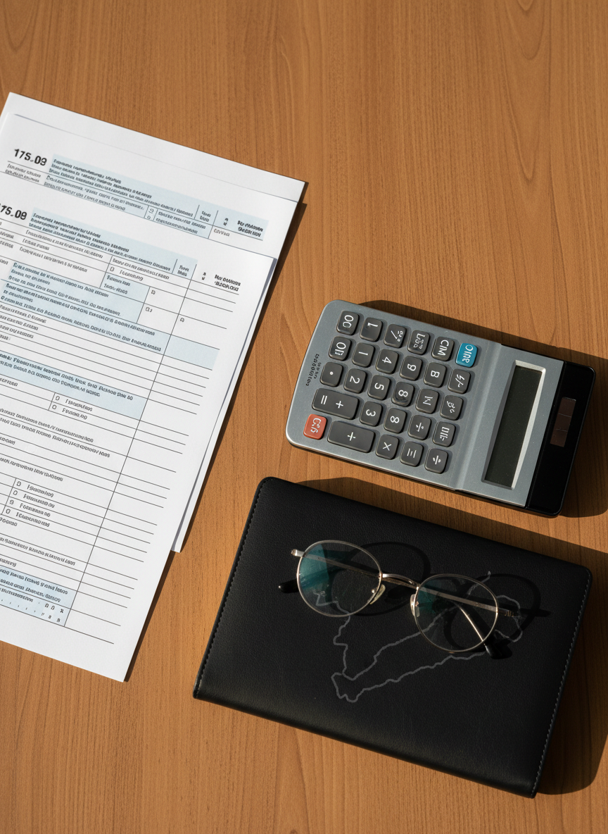 An elegant overhead photographic shot of an organized tax preparation layout on a warm wood table: blank, non-readable tax forms, a slim graphite calculator, a closed leather-bound notebook in deep charcoal, and a pair of minimalist metal reading glasses resting beside them. A subtle map outline of the Laurentides region is embossed tone-on-tone into the notebook cover, hinting at local expertise without drawing focus. Soft morning daylight from the left creates refined highlights on the metallic calculator buttons and gentle shadows along the paper edges. The composition follows the rule of thirds, with negative space in one corner for a calm, uncluttered feel. The atmosphere is reassuring, meticulous, and accessible, evoking personalized tax support for both individuals and small businesses.