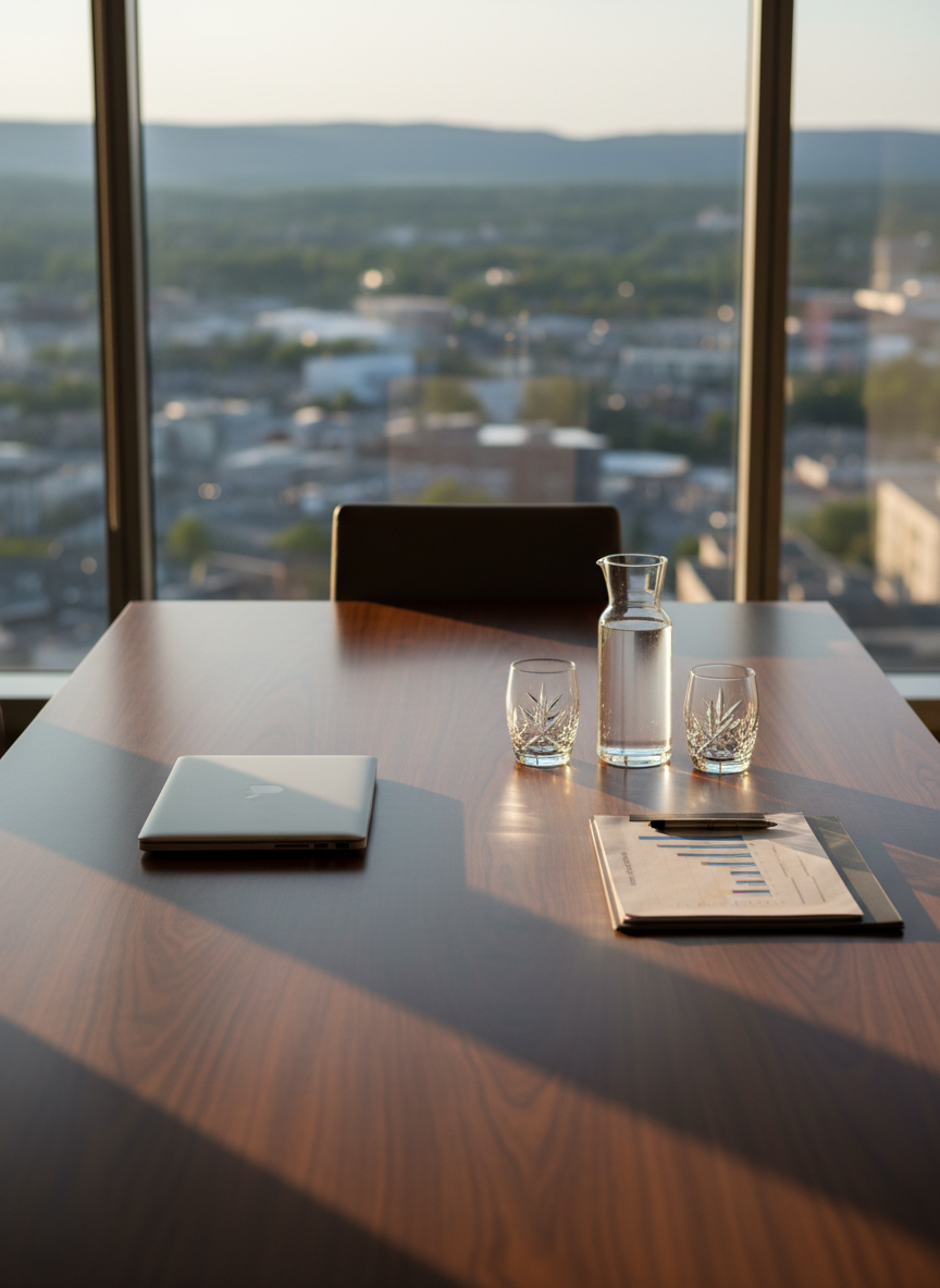 A refined corporate-style meeting table without people, set in a contemporary office with floor-to-ceiling windows overlooking a softly blurred Laurentides townscape. On the dark walnut table sit a closed silver laptop, a slim stack of anonymized financial reports with subtle graphs and charts, and a stylish glass carafe of water with two crystal tumblers, all arranged symmetrically. Late afternoon golden-hour light streams through the windows, creating long, elegant shadows and a warm, inviting glow across the surface. Captured from a slightly elevated angle with moderate depth of field, the foreground is crisply detailed while the cityscape beyond remains impressionistic. The mood is sophisticated, trustworthy, and client-focused, ideal for illustrating tailored accounting and advisory services for growing businesses.