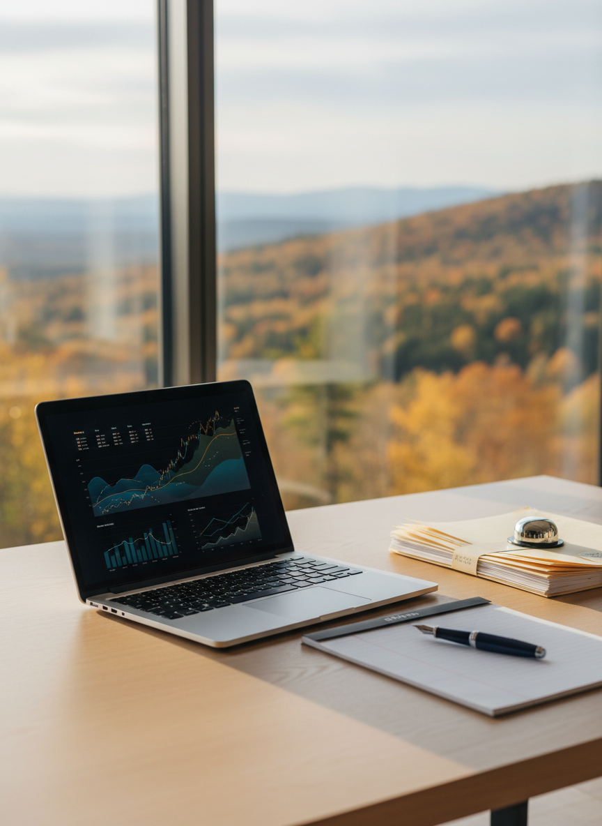 A sleek, modern accountant’s workstation in photographic realism, featuring an open silver laptop displaying abstract financial charts without readable text, beside neatly stacked manila folders and a refined dark blue fountain pen on a pale oak desk. Through a large window, a soft-focus view of the Laurentides’ tree-covered hills in late afternoon adds subtle regional character. Soft, diffused natural light from the window casts gentle shadows and highlights the clean lines of the workspace. The mood is calm, sophisticated, and professional. Shot at eye level with a shallow depth of field, the foreground objects are in crisp focus while the background blurs into a serene bokeh, emphasizing precision, discretion, and high-end accounting services for businesses and individuals.